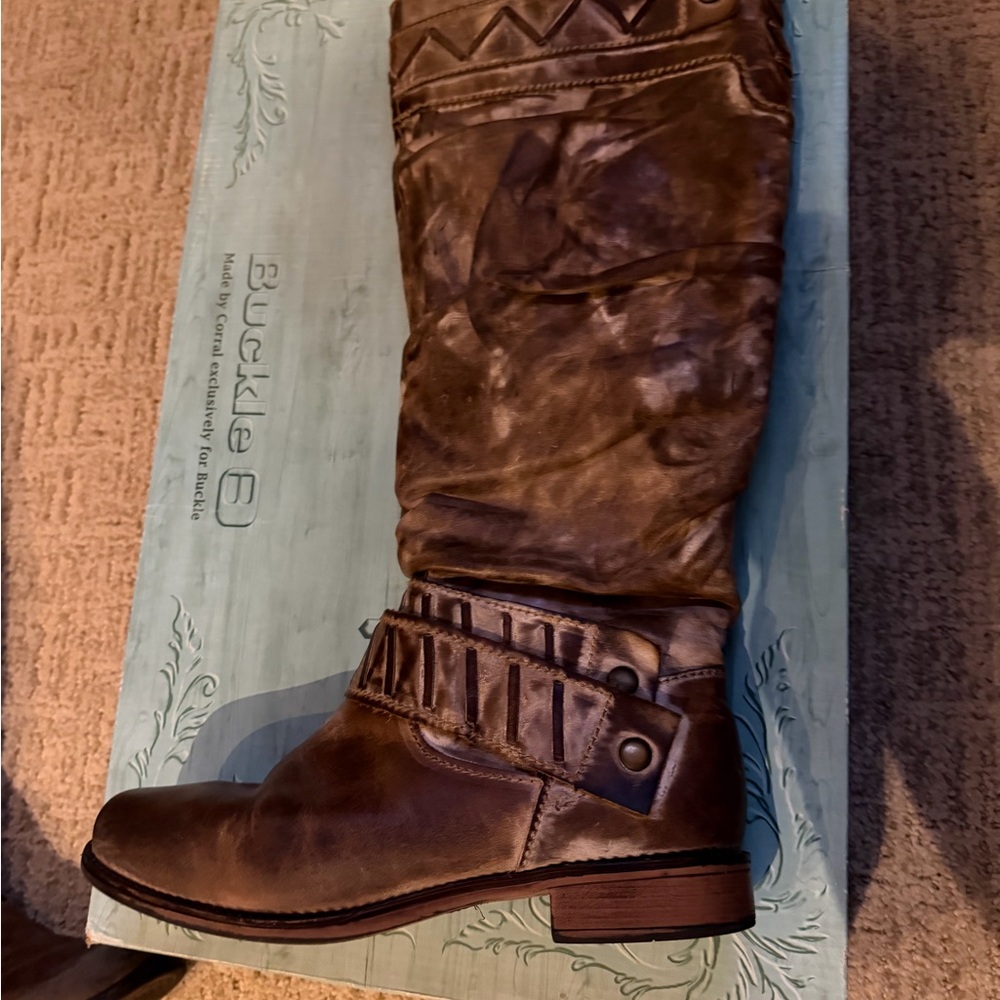 Buckle Chocolate Taupe Lace Tall Boots